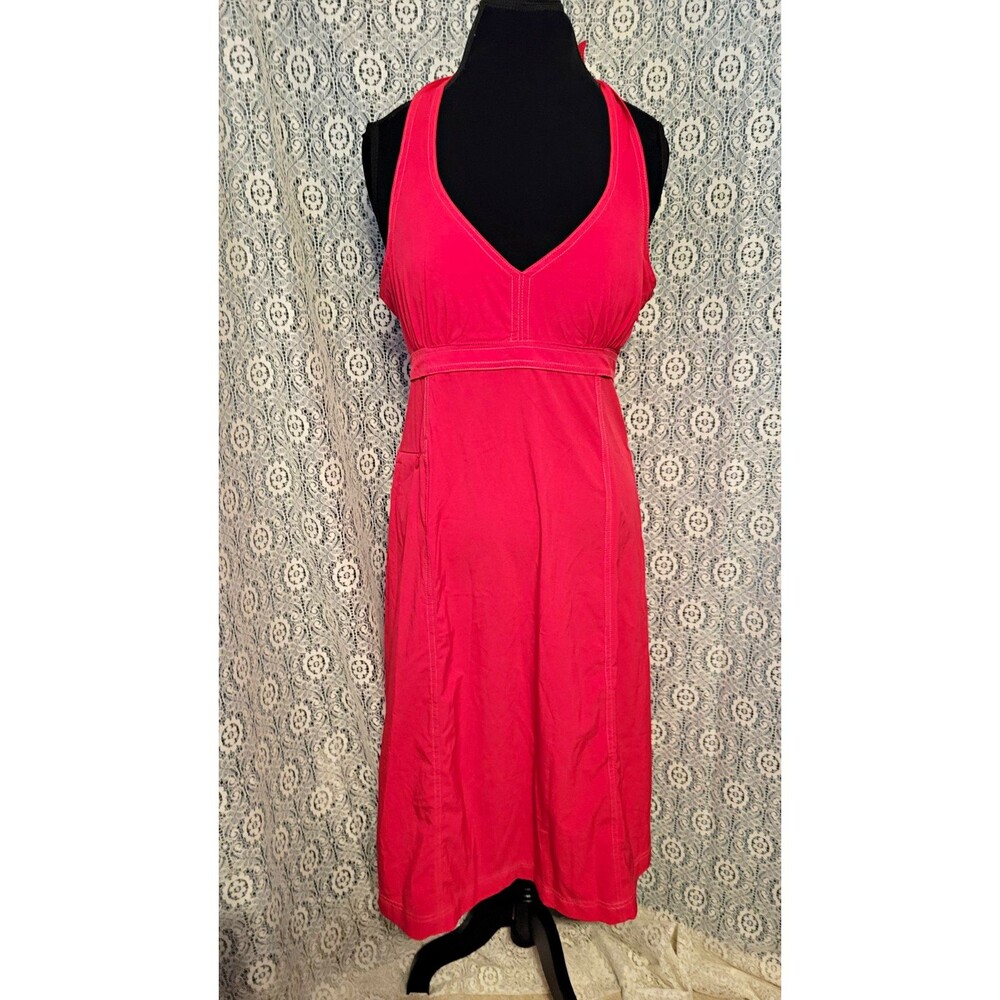 Athleta Pink V-Neck Halter Midi Sundress Smocked Back Stretch Size 14